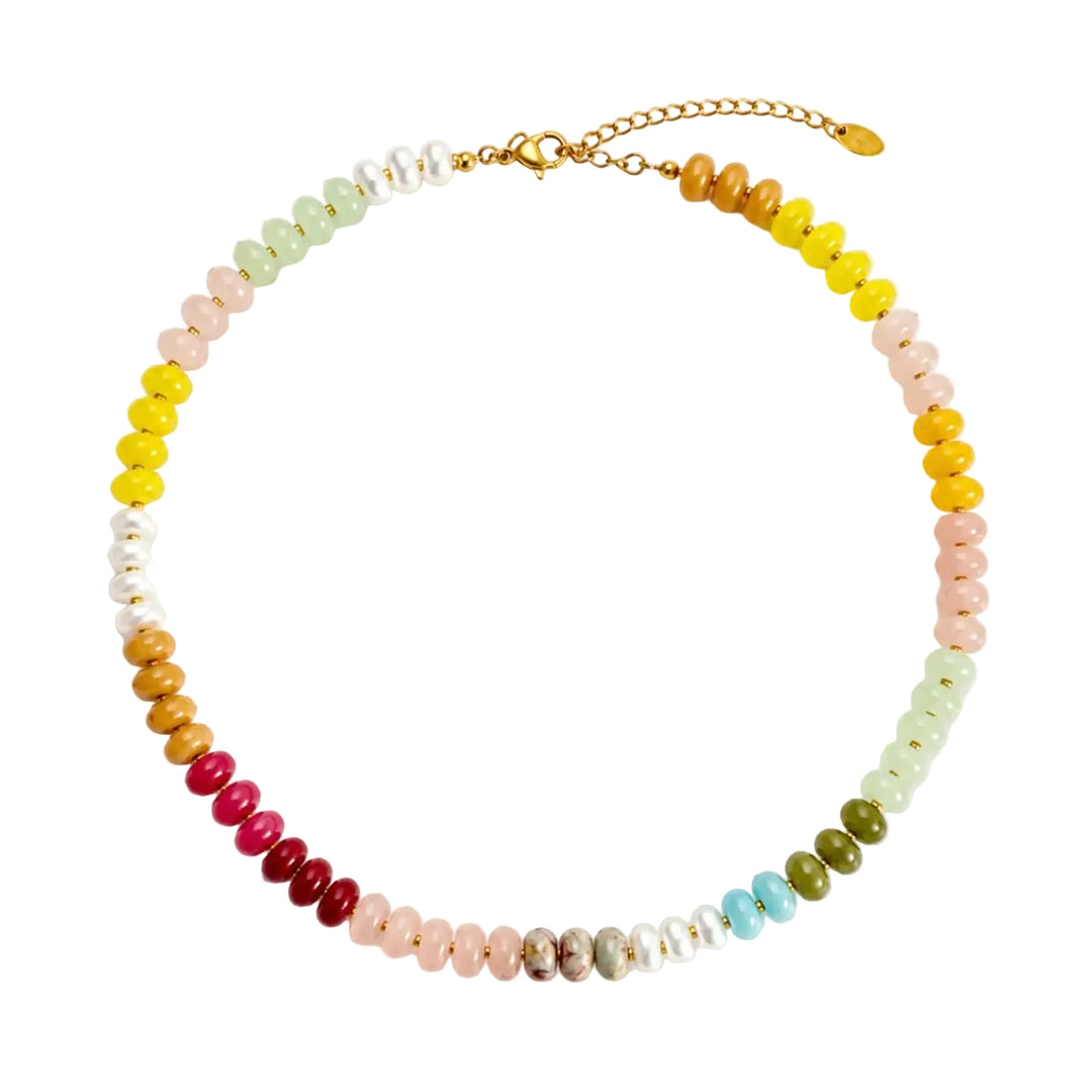 Multicolor stone and acrylic rondelle bead necklace with gold accents and a lobster clasp.