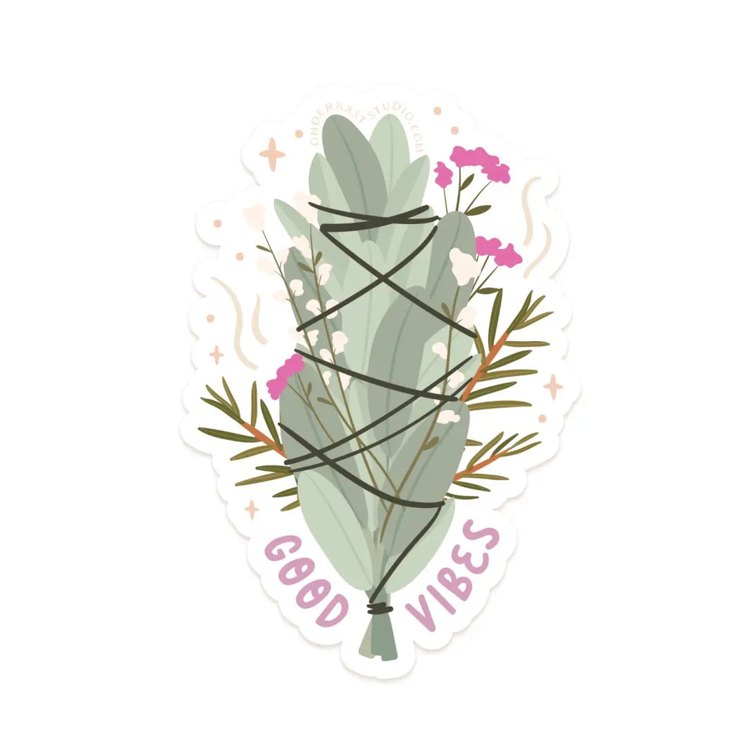 A sticker of a sage bundle wrapped in black string, accented with pink and white flowers, surrounded by soft sparkles and the phrase "Good Vibes" written in pink at the bottom.