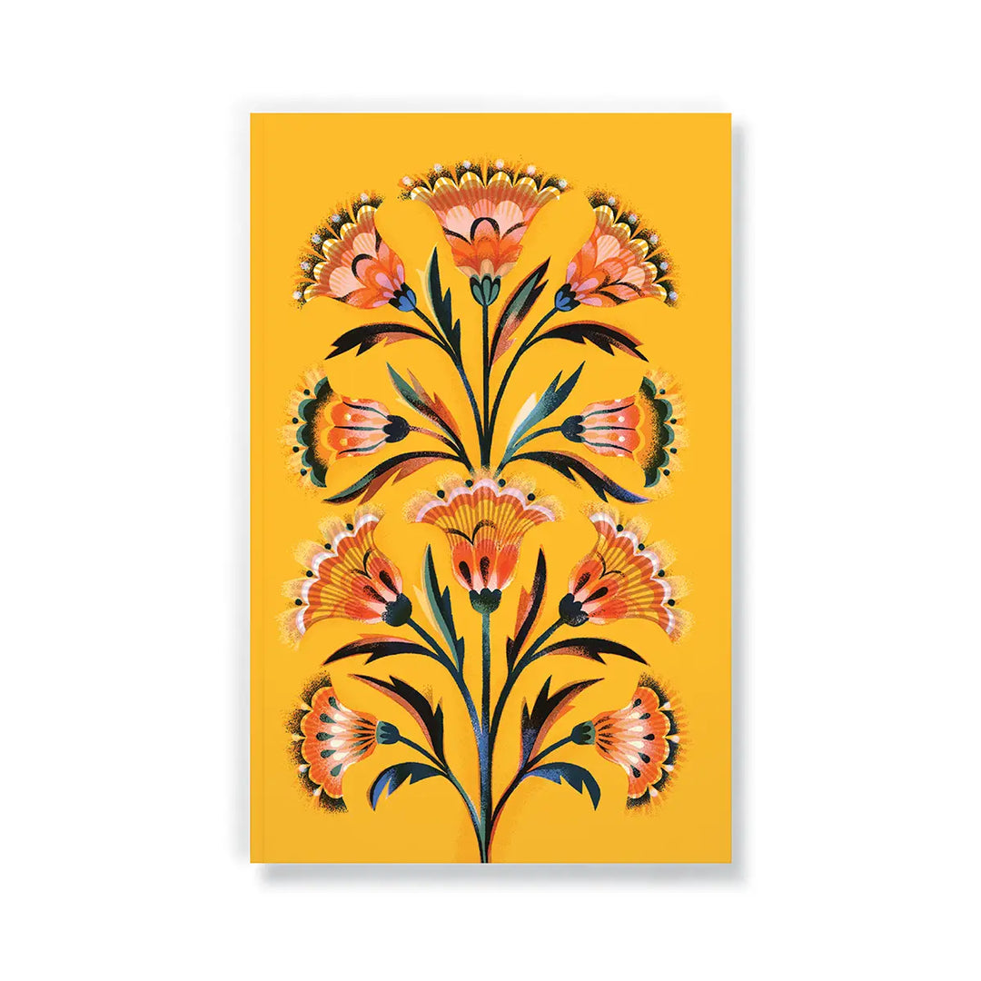 yellow notebook with images of yellow, orange and black flowers.