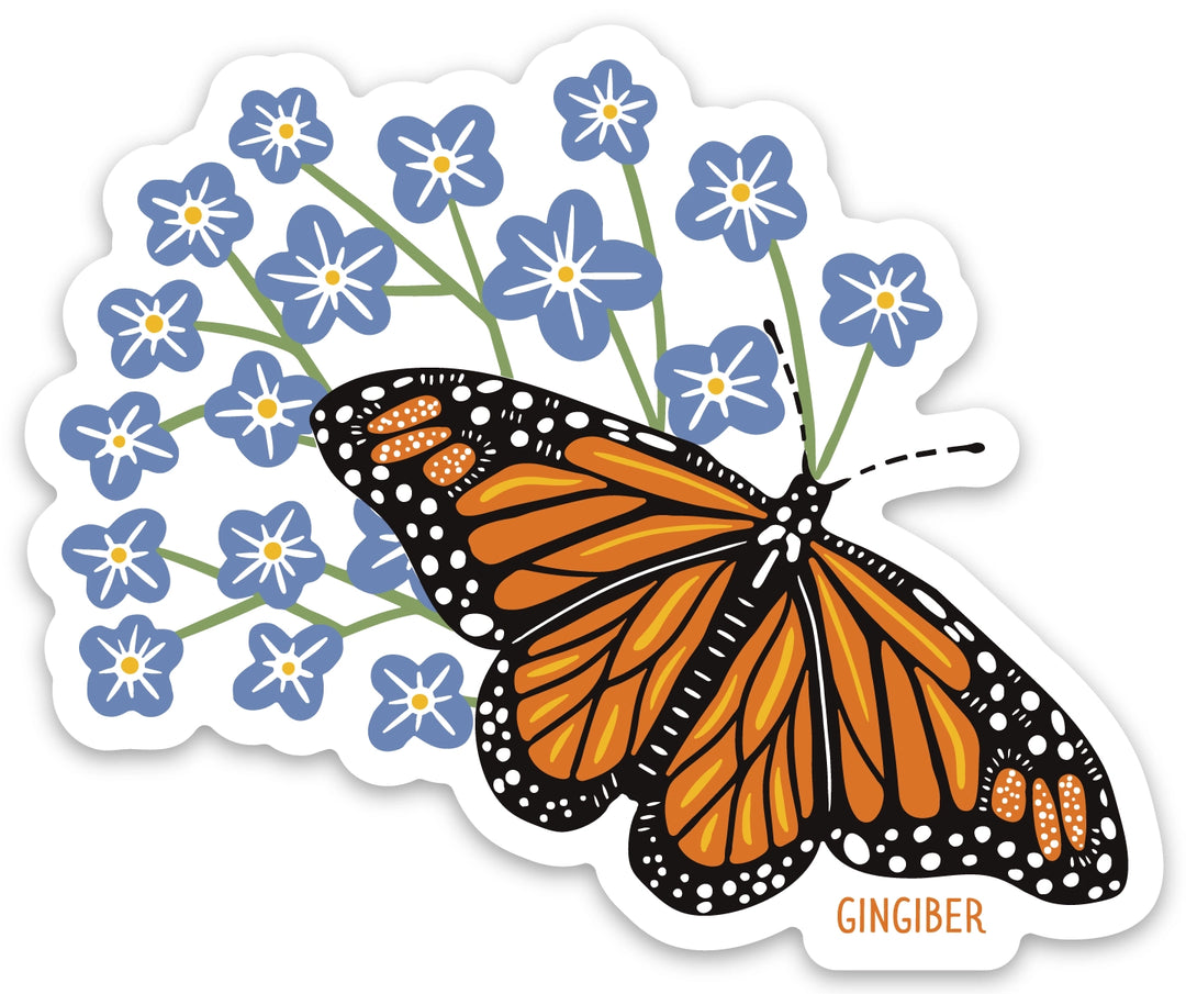 Sticker depicting a monarch butterfly with vibrant orange and black wings, resting against a backdrop of blue flowers.