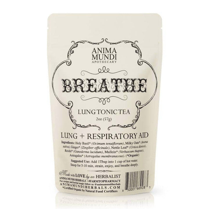 2 oz cream pouch with black lettering of breathe lung tonic tea. Brand: Anima Mundi Apothecary