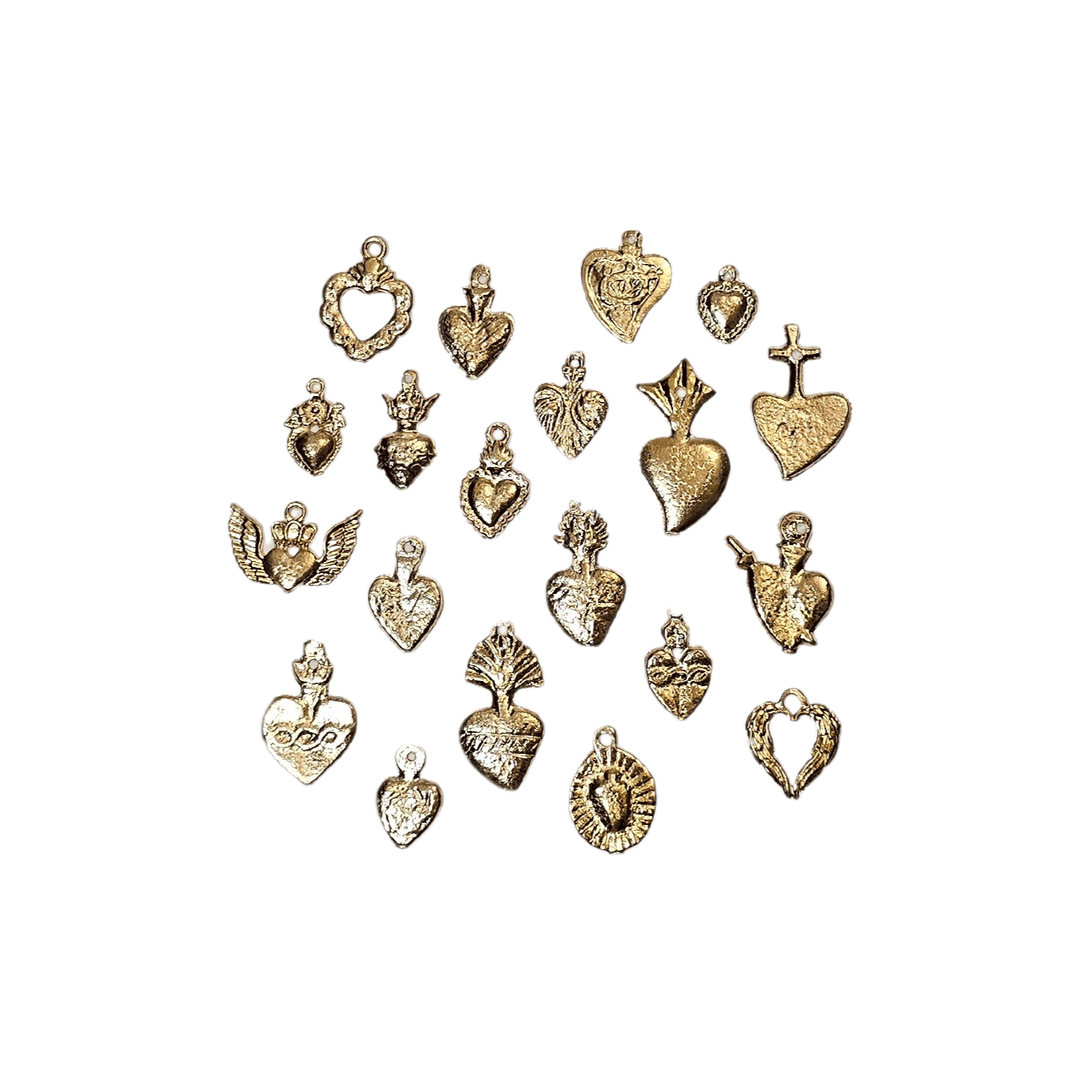 20 gold milagro charms in various styles of hearts
