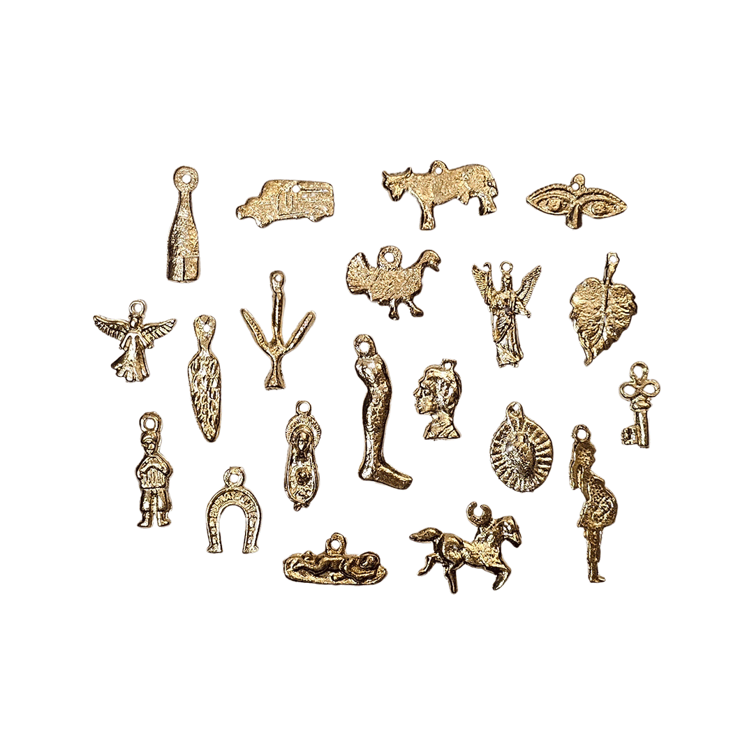 20 gold milagro charms in various shapes