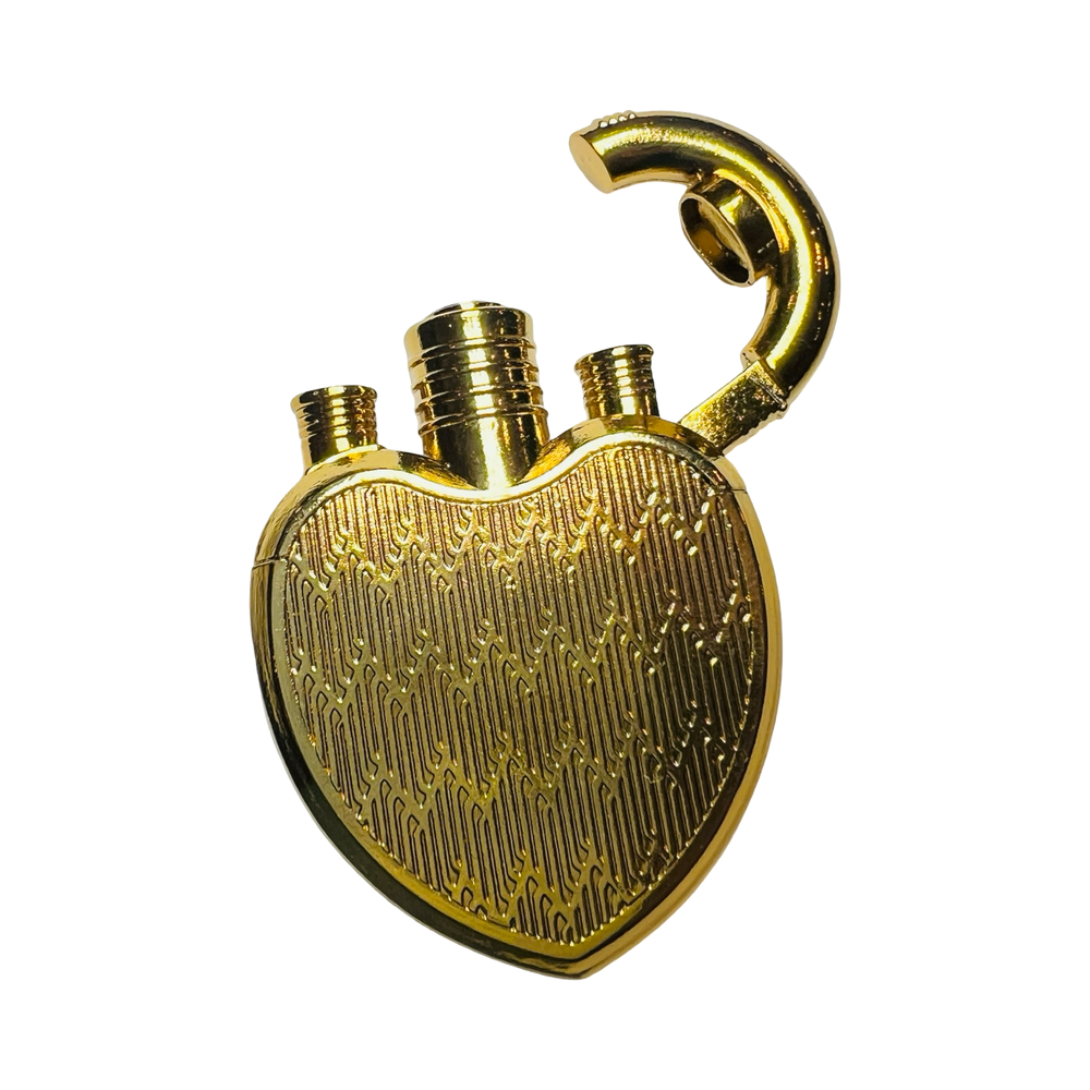 A gold heart-shaped lighter with a textured surface and a metallic finish, featuring a curved top resembling a lock.