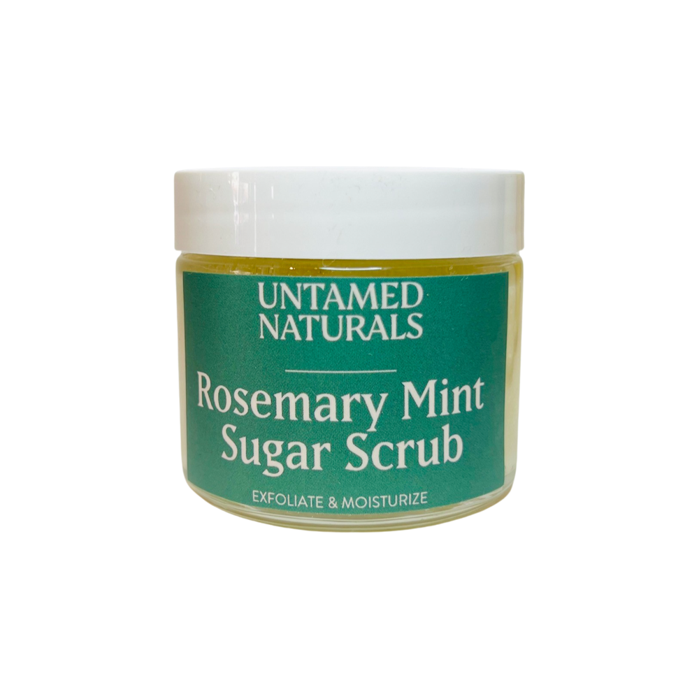 Clear 2 oz of rosemary mint sugar scrub with a green branded label with white lettering. Brand: UnTamed Naturals