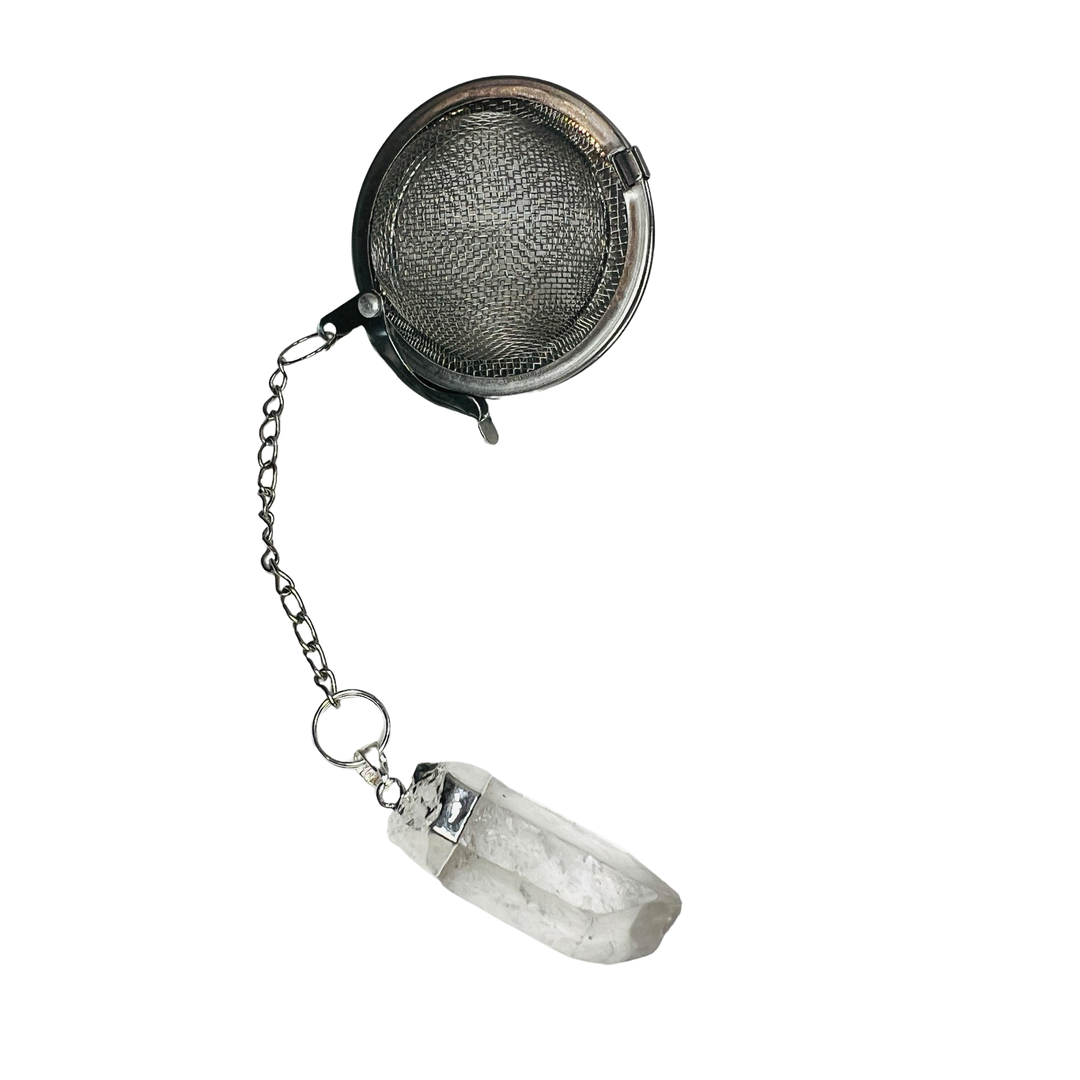 stainless steel round tea infuser with a quartz crystal charm. Brand: Loveyenergy & Blessings