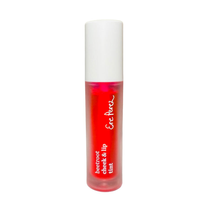 clear tube of beetroot cheek & lip tint in coral red shade with a white lid