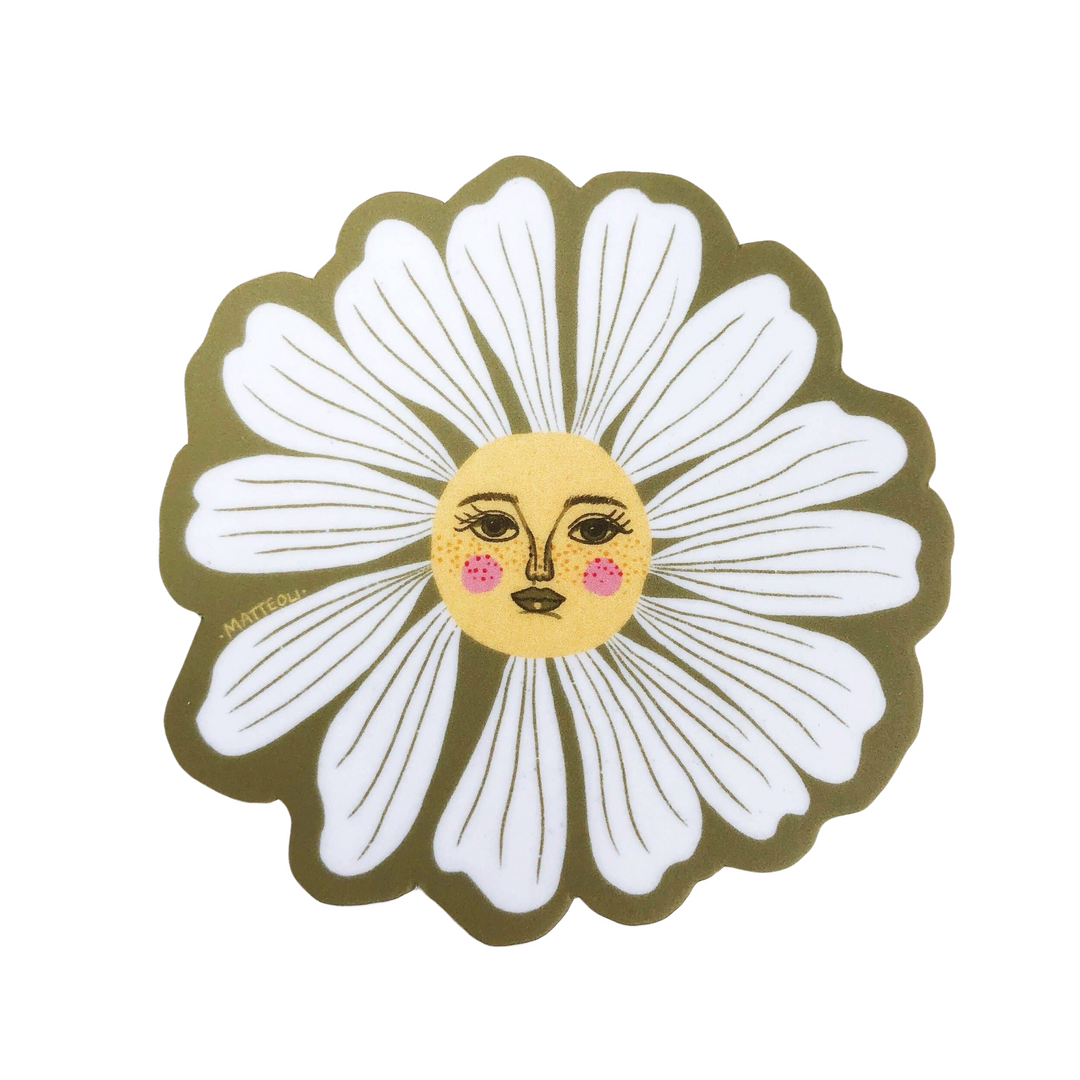 sticker of a white daisy with a lovely face outline in an olive color