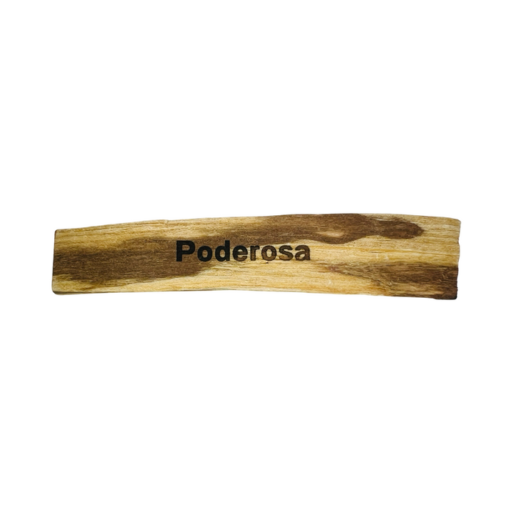 Palo santo stick engraved with the word Poderosa (powerful)