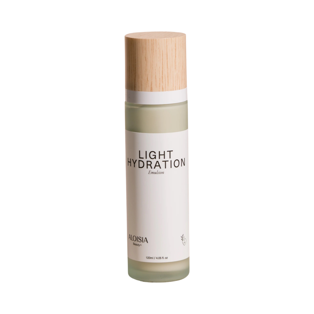 4 oz frosted cylinder jar of light hydration emulsion with a wooden lid and a white branded label. Brand: Aloisia Beauty