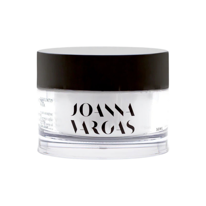 50ml clear jar of an exfoliating mask with a black lid and black lettering. Brand: Joanna Vargas