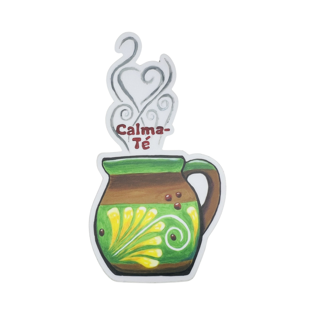 green and brown mug with a yellow design and steam coming out of it and the phrase Calma-Te in red lettering