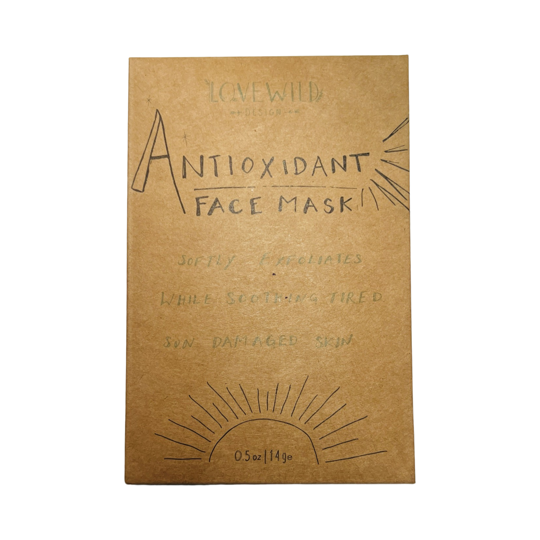 0.5 oz kraft pouch of antioxidant face mask with a branded label. Brand: Lovewild Design