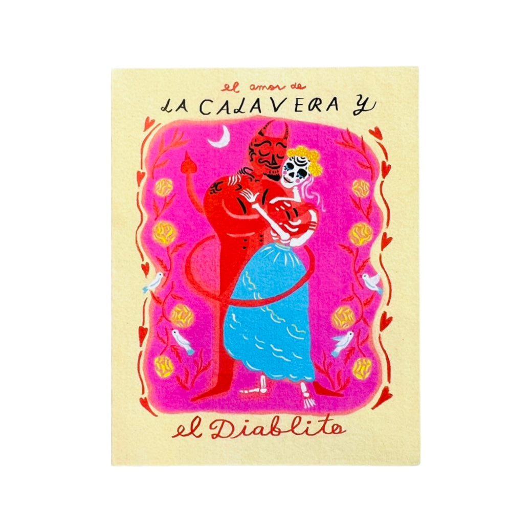 beige card with a calavera woman and devil dancing featuring the phrase El Amore de La Calavera y El Diablito in red and black lettering