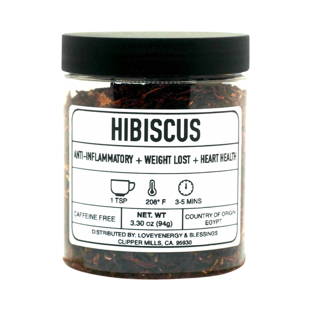 3.30 oz clear jar of tea featuring dried hibiscus flowers with a white branded label. Brand: Loveyenergy & Blessings