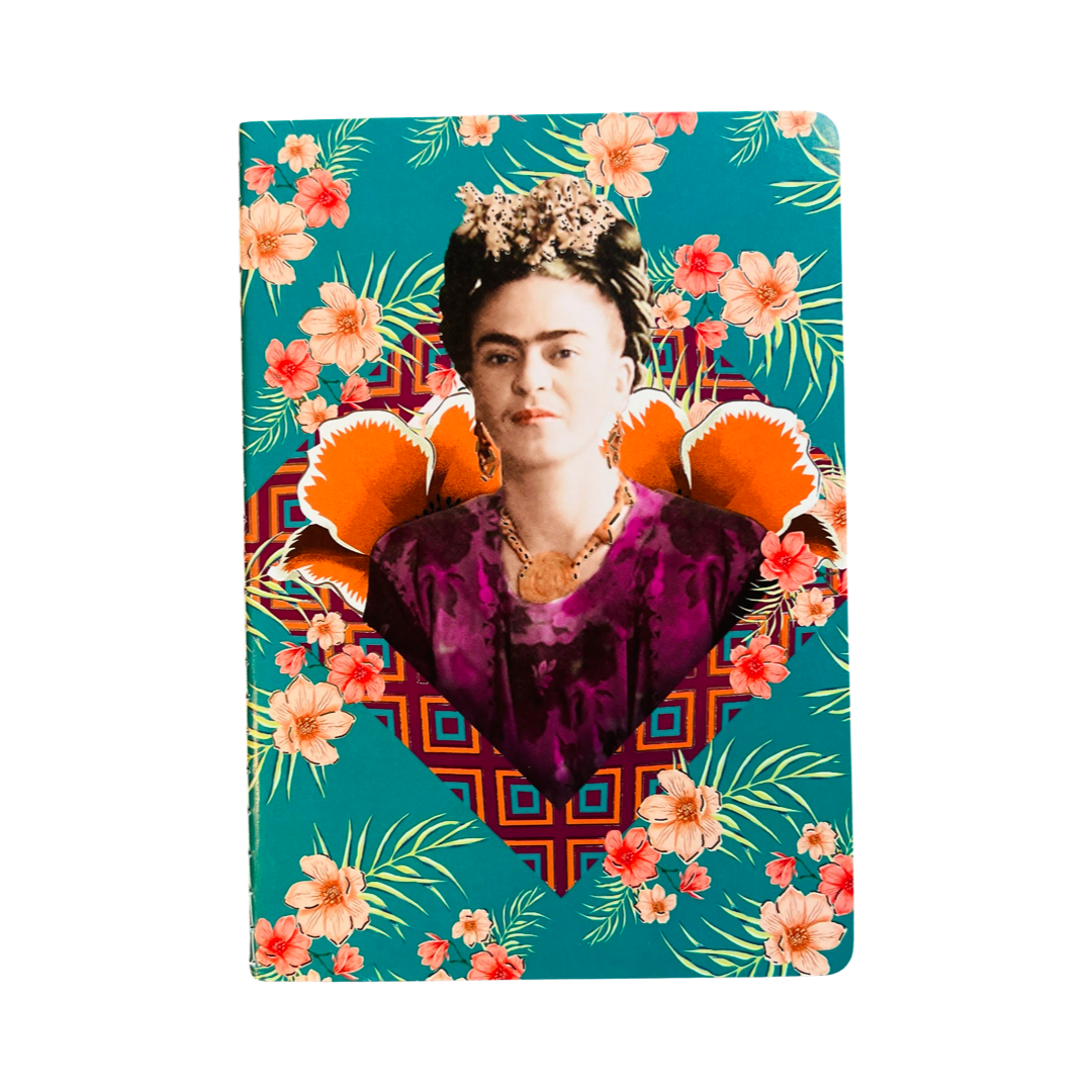 teal notebook with pink flowers and an image of Frida Kahlo int he center with a geographic design and flower petals