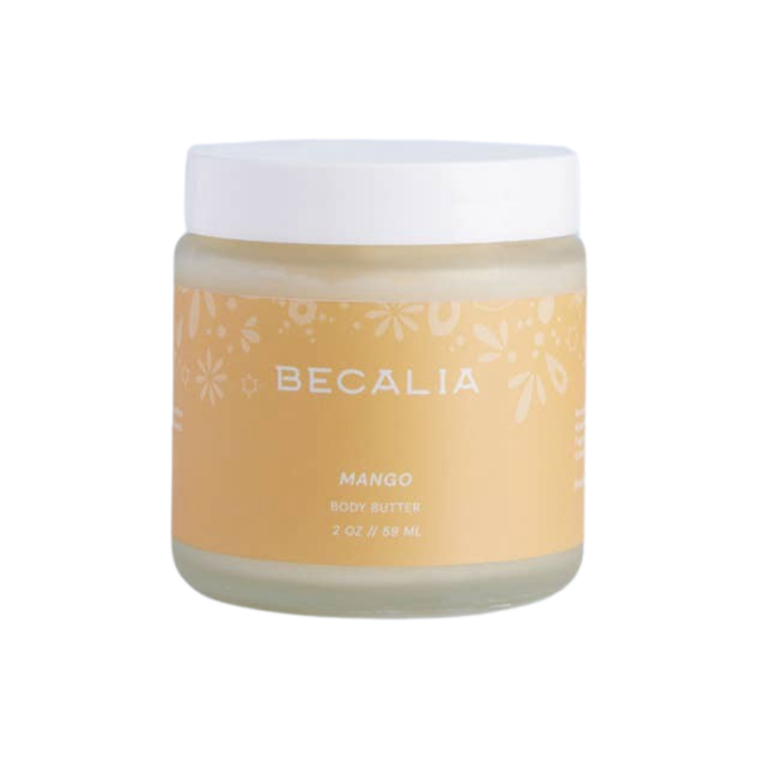 frosted 2 oz jar of mango body butter with a yellow branded label. Brand: Becalia Botanicals
