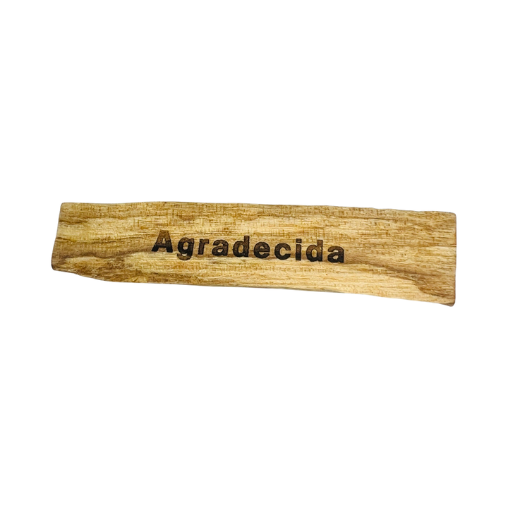 Palo santo stick engraved with the word Agradecida (grateful)