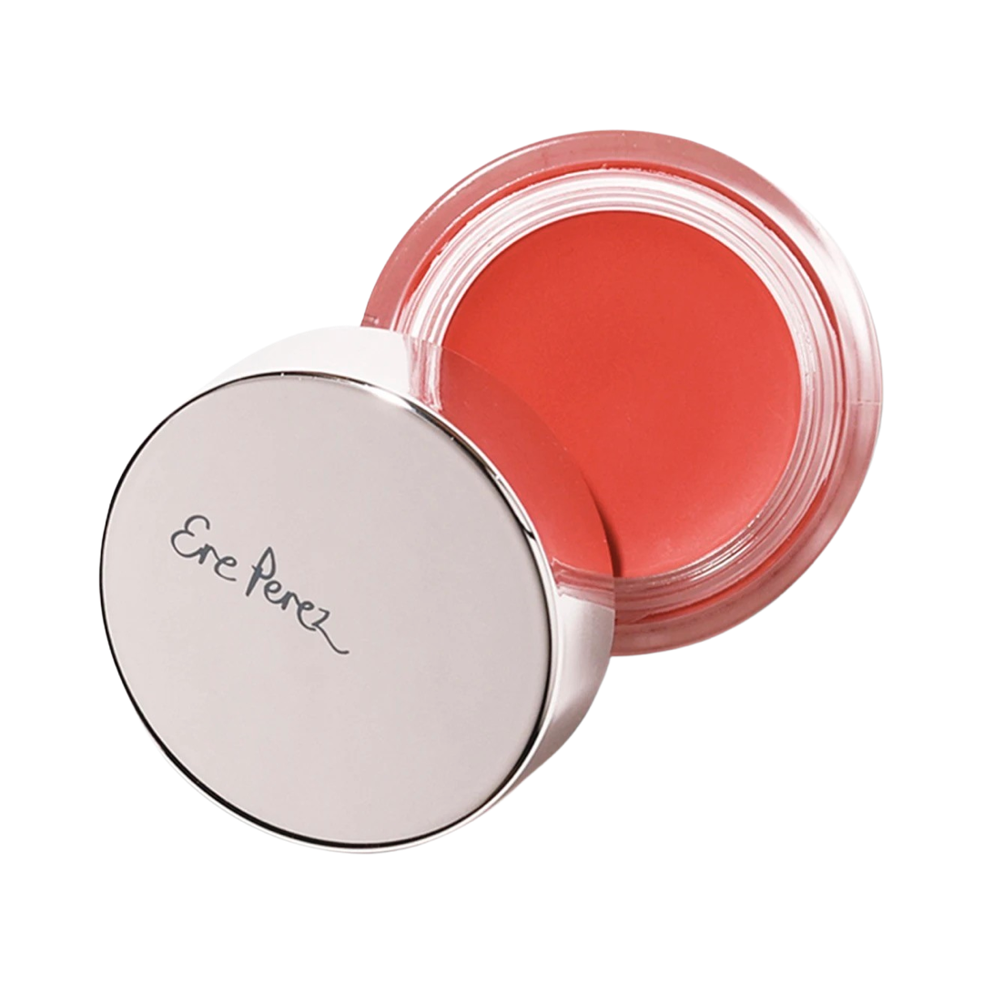 Round color pot of a coral red shade of product with a silver branded lid