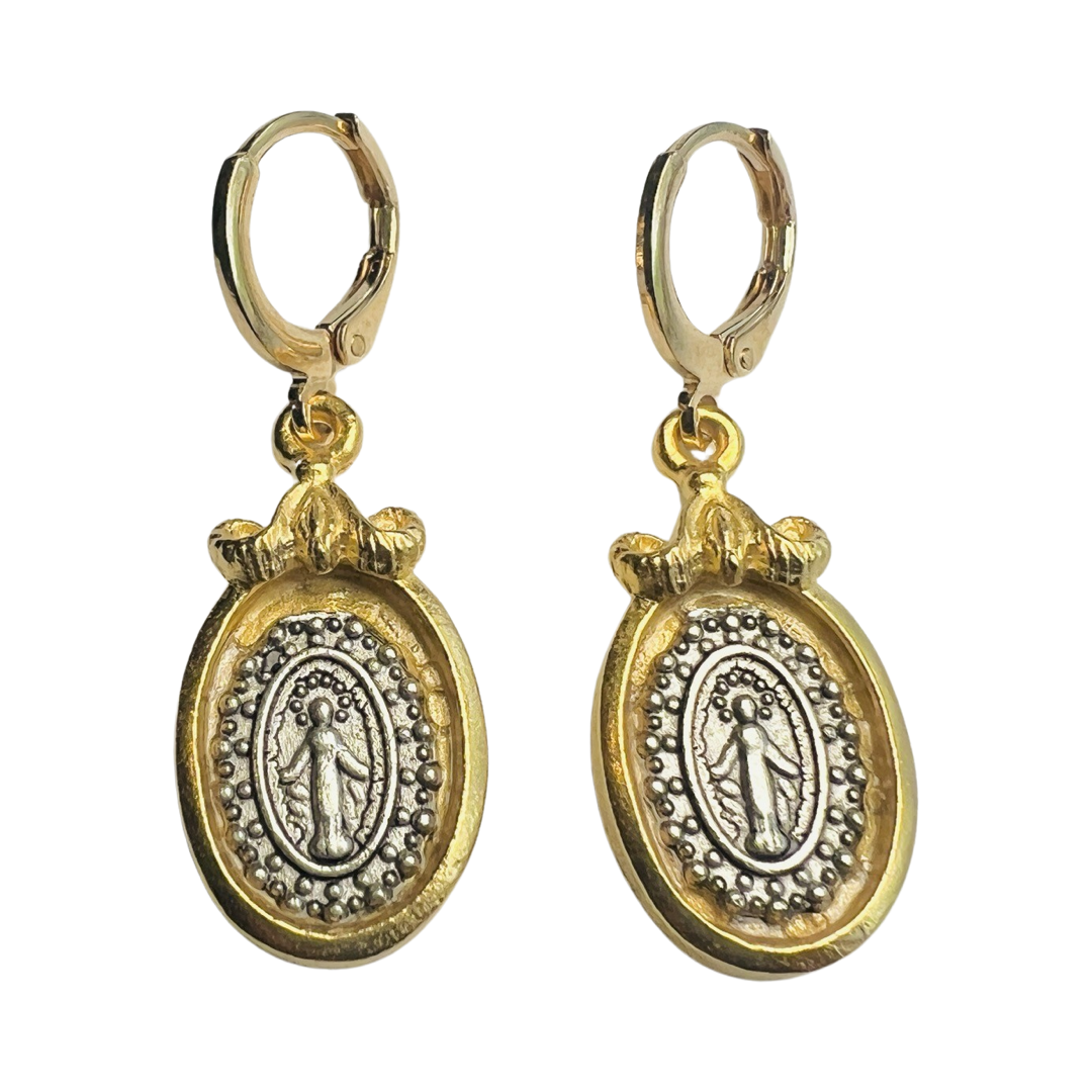 set of two toned earrings with a profile of the Virgin Mary