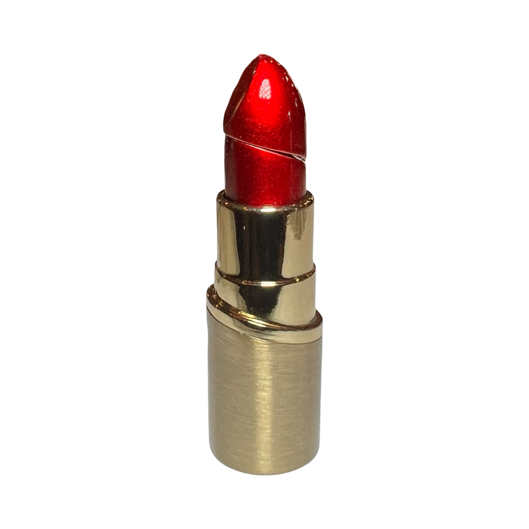 A refillable lighter designed to resemble a red lipstick with a metallic gold base