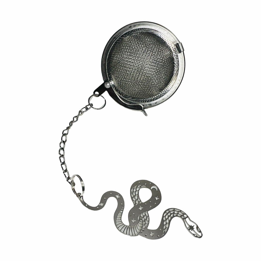 stainless steel round tea infuser with a silver snake charm. Brand: Loveyenergy & Blessings