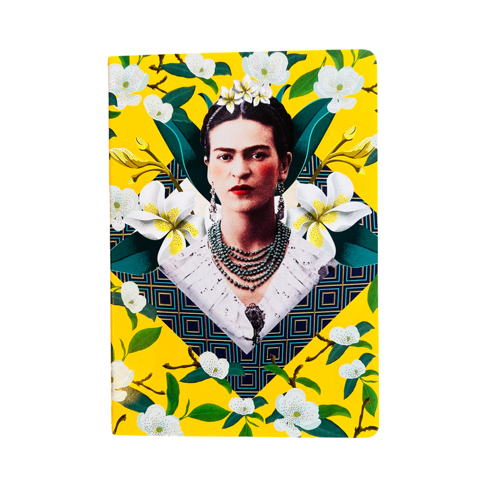 Yellow notebook with white flowers and an image of Frida Kahlo in the center with a green and black geographic design and white flowers