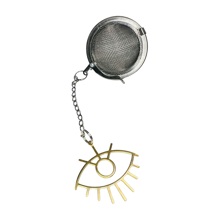 stainless steel round tea infuser with a gold eye charm. Brand: Loveyenergy & Blessings