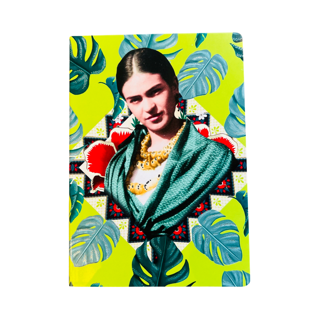 Green notebook with monsetra leaves and an image of Frida Kahlo in the center with a red, green and black geographic design.