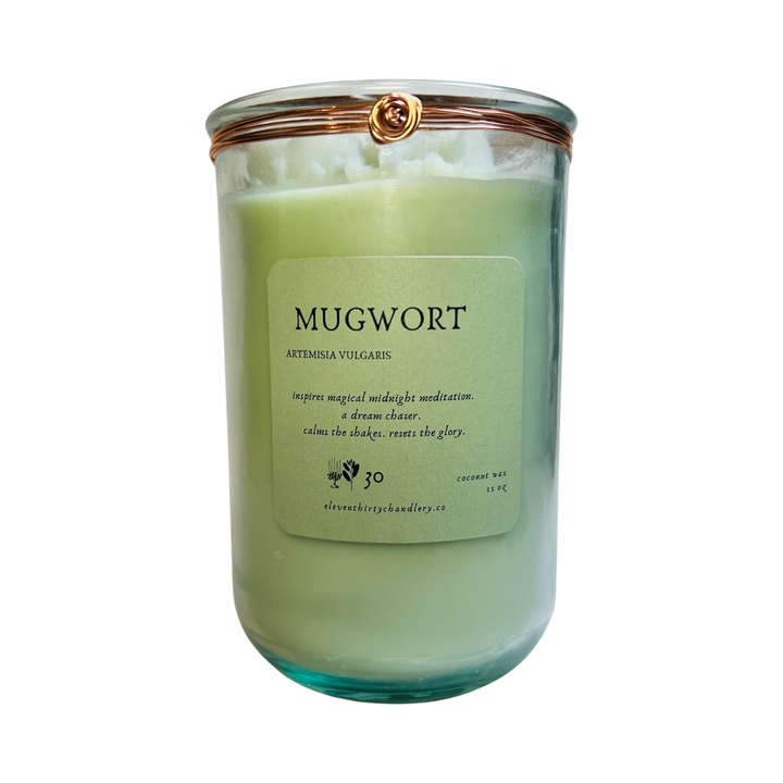11 oz candle in a light green glass vessel with a green branded label featuring copper twist tie