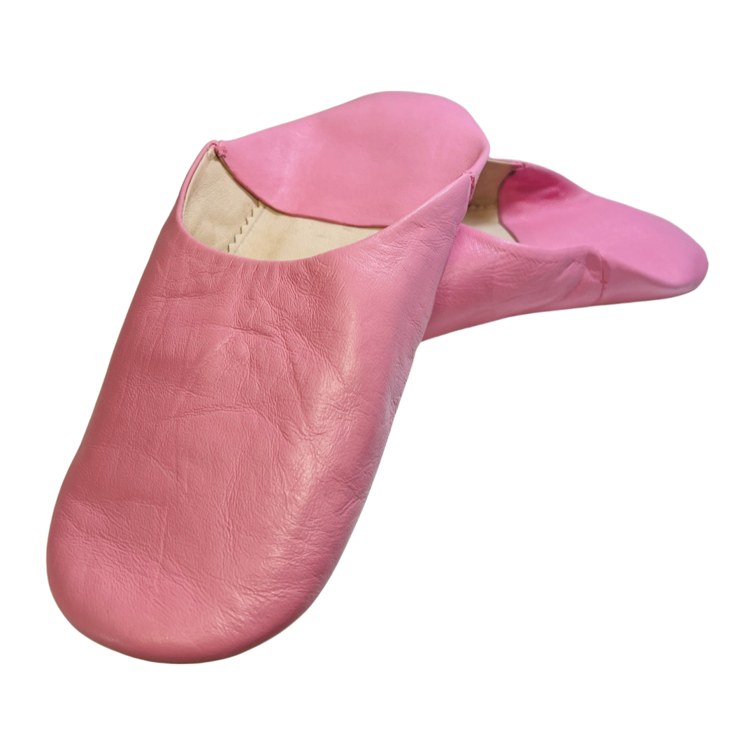pink pair of moroccan leather babouche slippers
