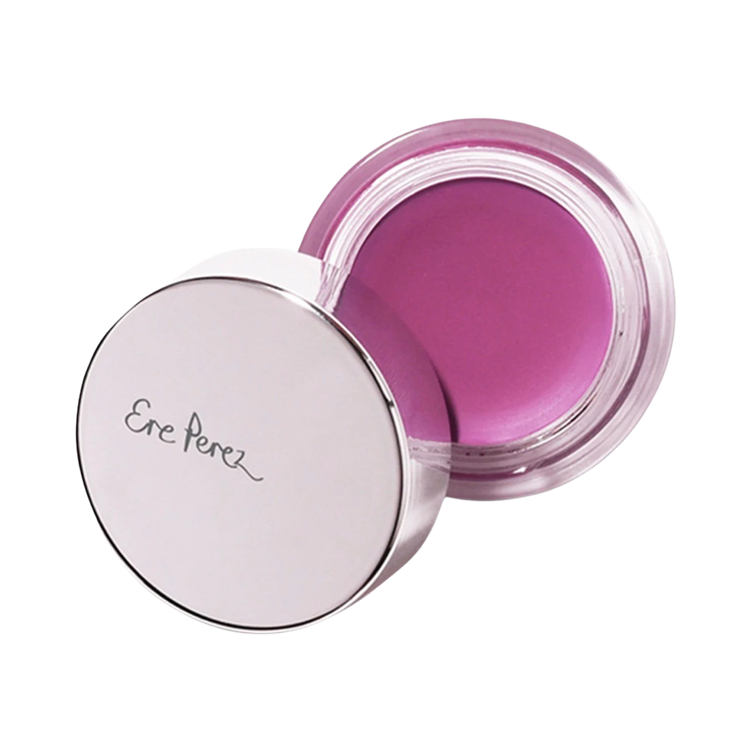 Round color pot of a pink purple shade of product with a silver branded lid