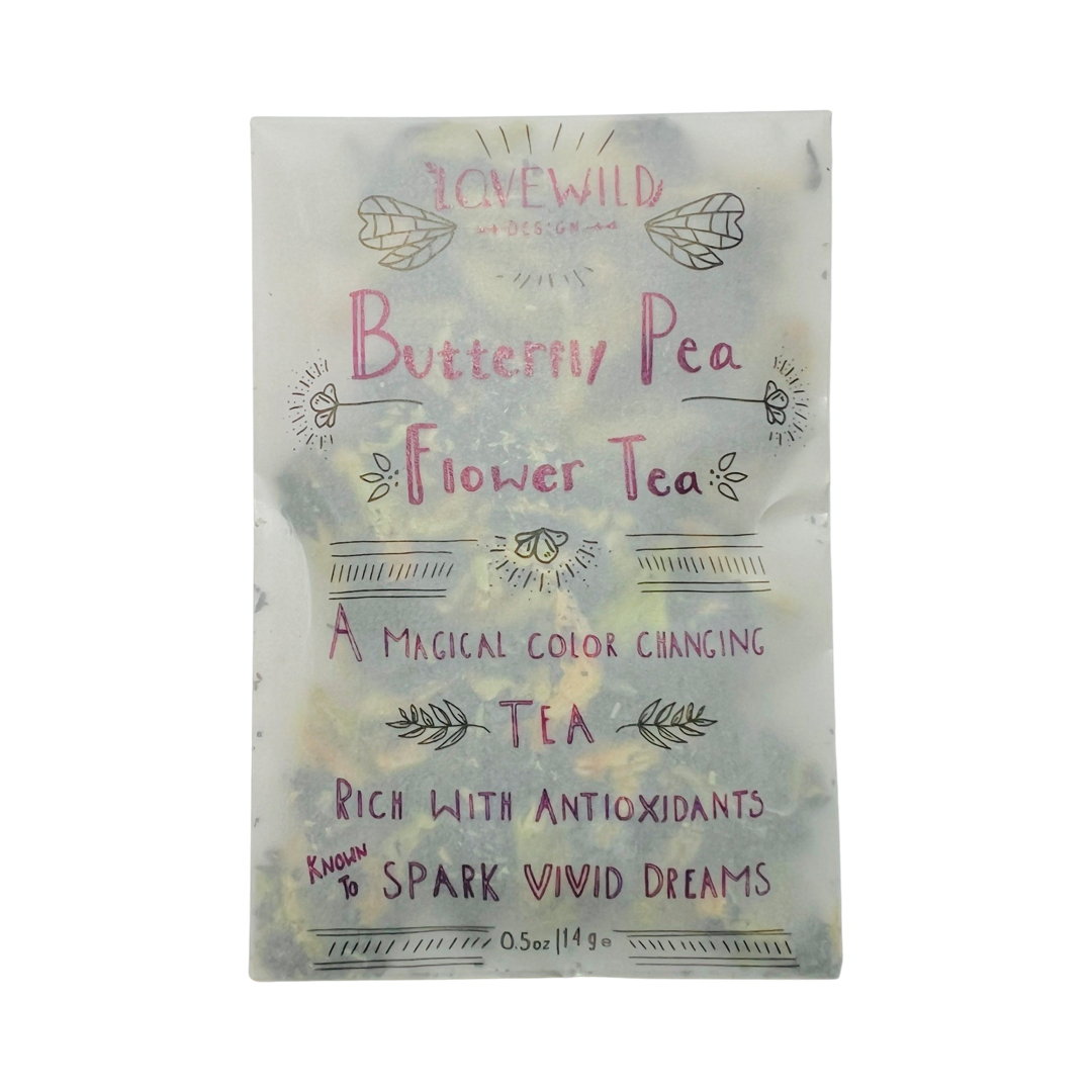 .5 oz translucent pouch of butterfly pea flower tea with the brand and product info in purple lettering. Brand: Lovewild Design