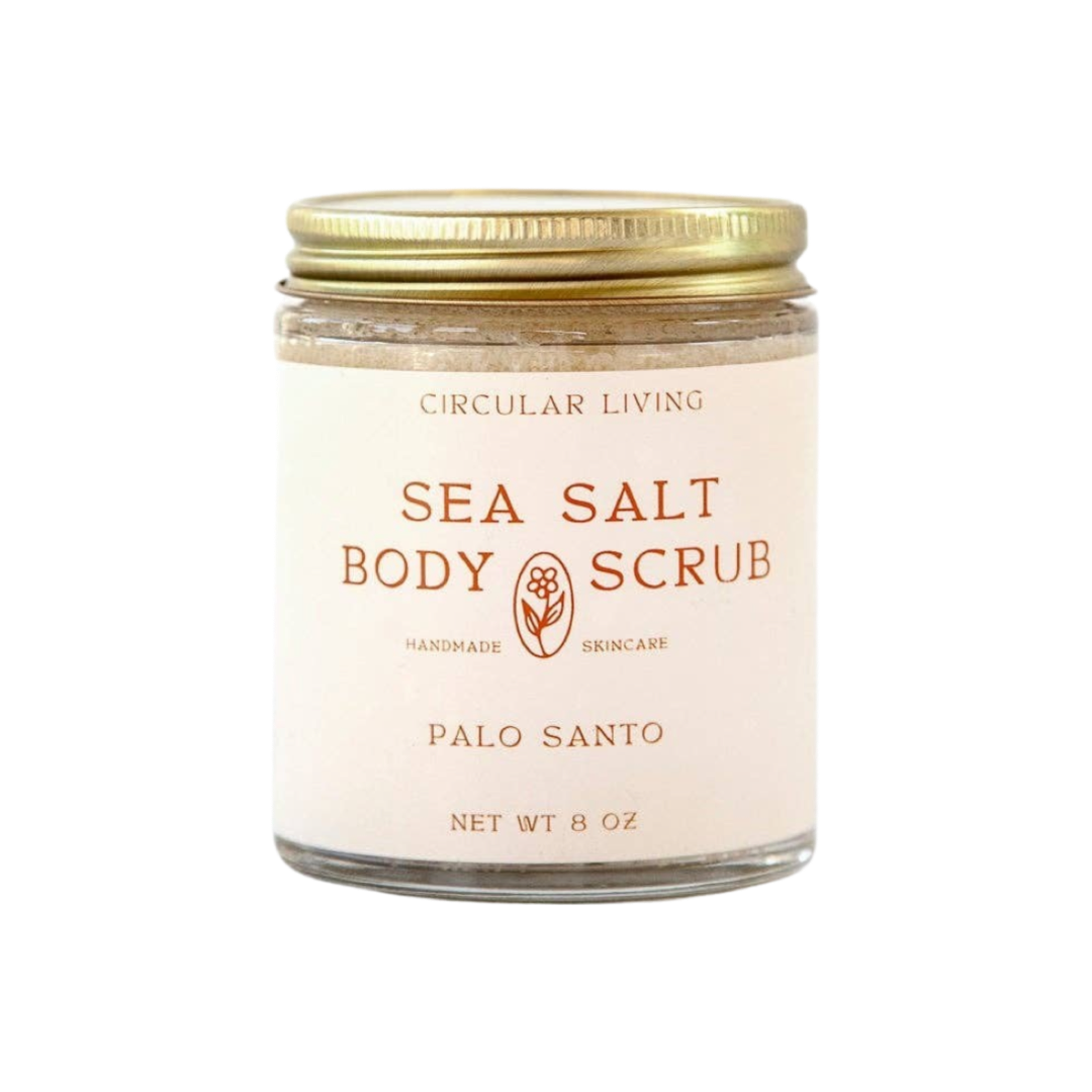 clear 8 oz jar of sea salt body scrub with a beige branded label. Brand: Circular Living