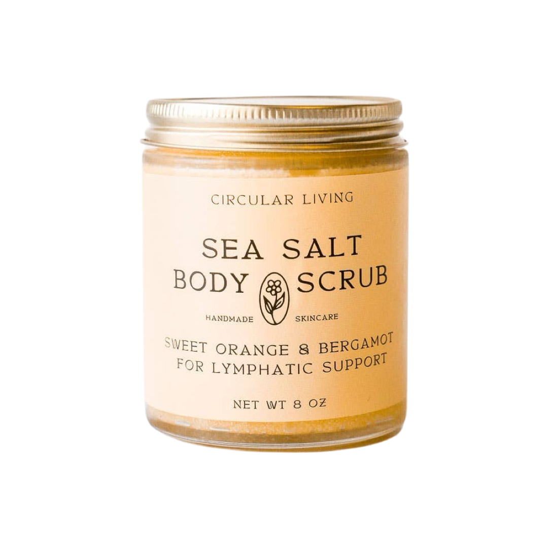 8 oz clear jar of sea salt body scrub with a beige branded label. Brand: Circular Living