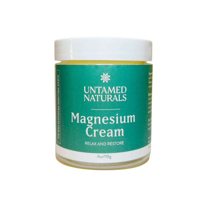 4 oz clear jar of magnesium cream with a green branded label and white lettering. Brand: UnTamed Naturals