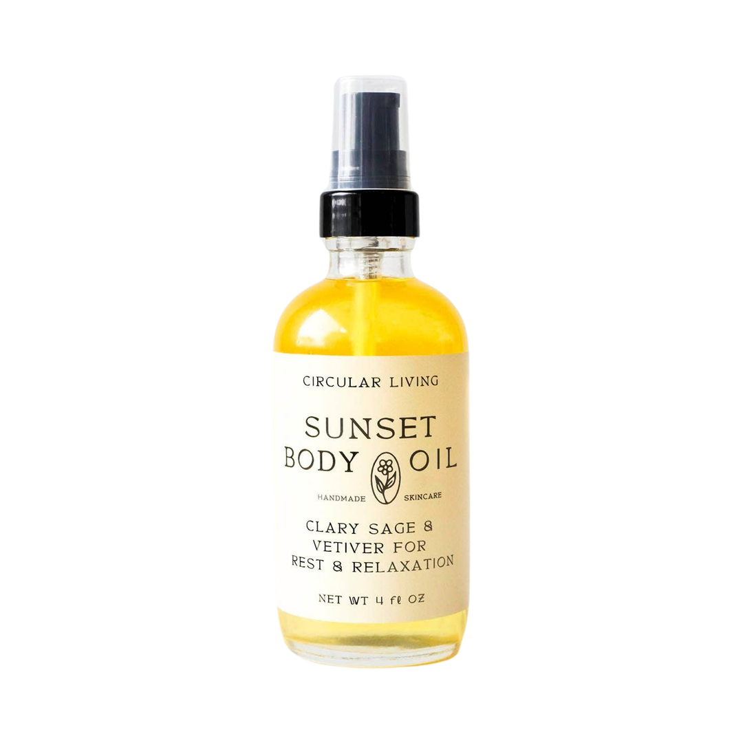clear 4 oz bottle of sunset body oil with a beige branded label. Brand: Circular Living