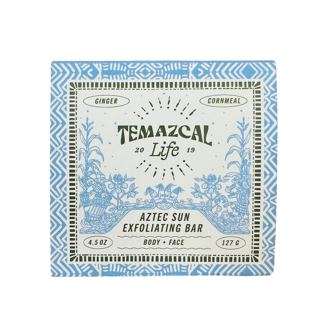 white and blue 4.5 oz box of Temazcal LIfe Exolifating bar. Brand: Temazcal Life