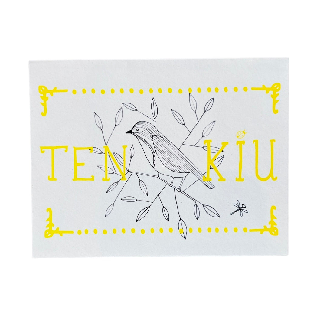 white card with a sketch of a bird sitting on a branch with the phrase Tenkiu in yellow lettering