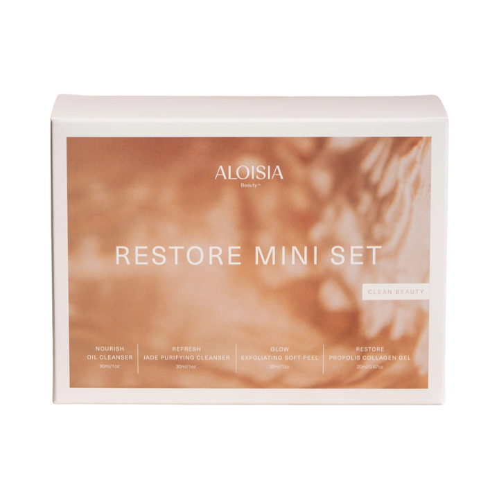 white branded box of a restore mini set with an image of shadow in a sienna color.. Brand: Aloisia Beauty