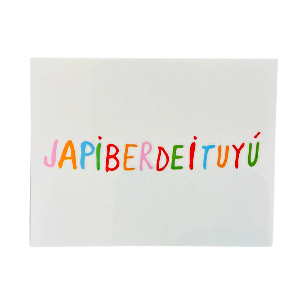 white card with the phrase Japiberdeituyu in multi-colors.