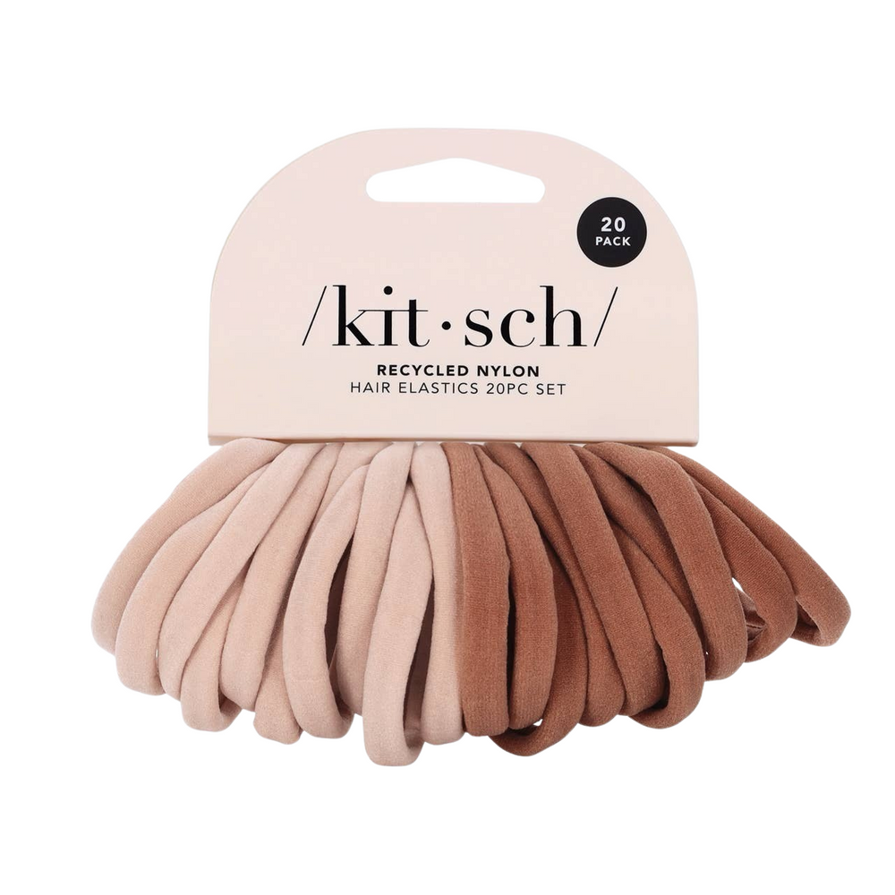 light pink and dusty rose colored elastic hair ties in a branded package. Brand: Kitsch