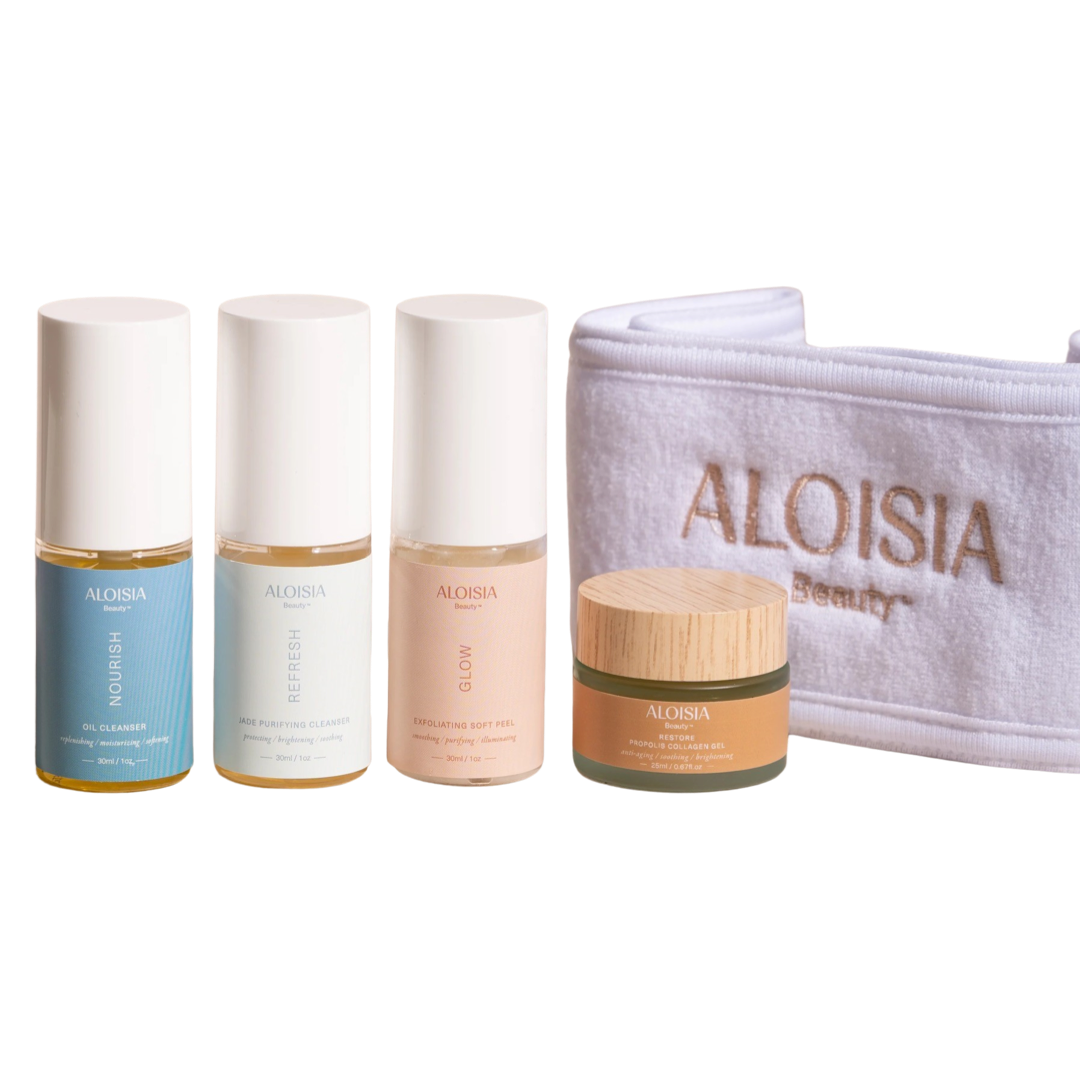 4 - 1 oz clear jars of Aloisia products and a white branded head band. Brand: Aloisia Beauty