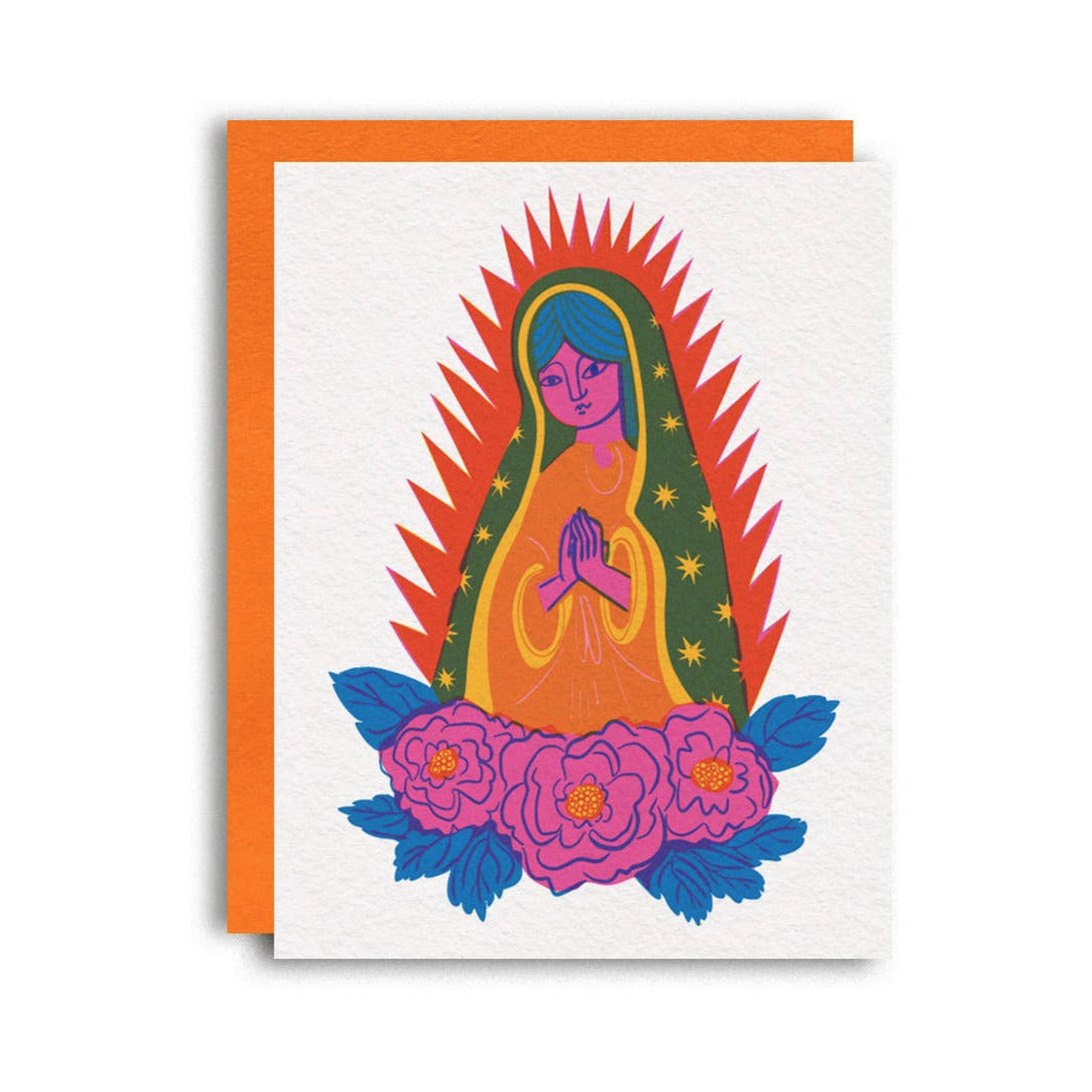 white card with a orange envelope featuring an illustration of the Virgin Mary in neon orange, red, pink, yellow and blue colors.