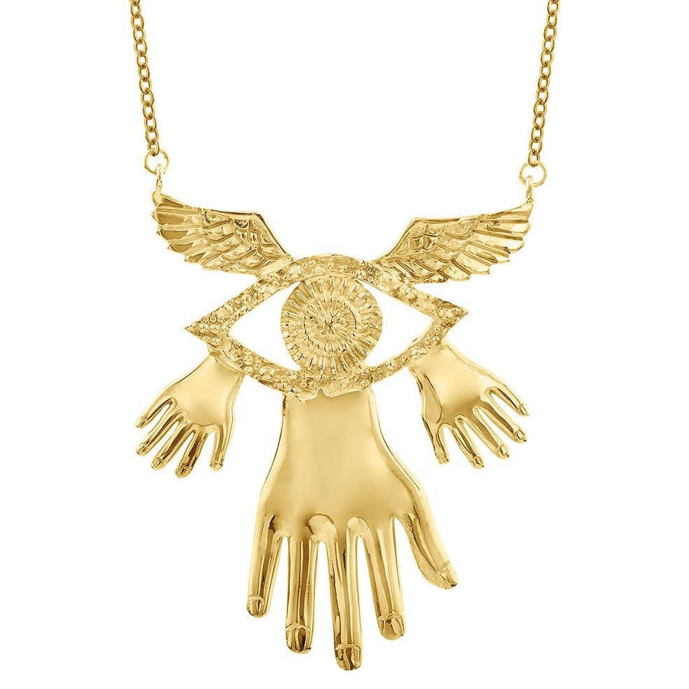 gold pendant necklace of an eye with wings and three hands coming out from the bottom of the eye and a gold chain. Brand: Sophie Simone