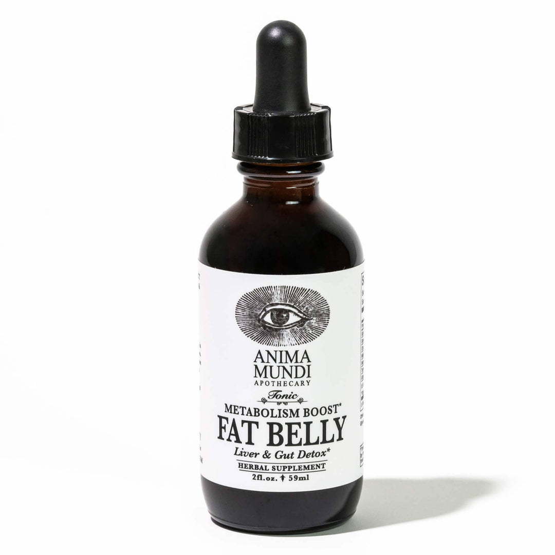 2 fl oz dark glass bottle with a white branded label featuring an image of an eye and a black dropper. Brand: Anima Mundi Apothecary