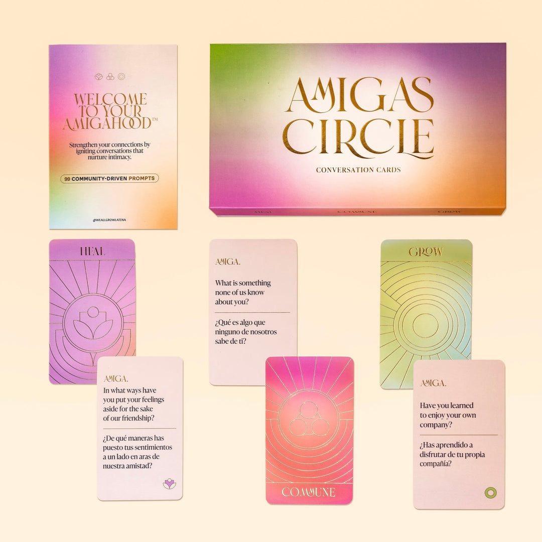 peah background and a layout of the amigas circle packaging, a variety of the converstation cards and the instructions