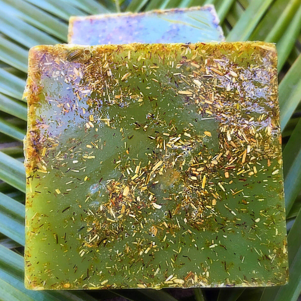 close up of a green bar of soap with dried lemongrass and rosemary. Brand: UnTamed Naturals