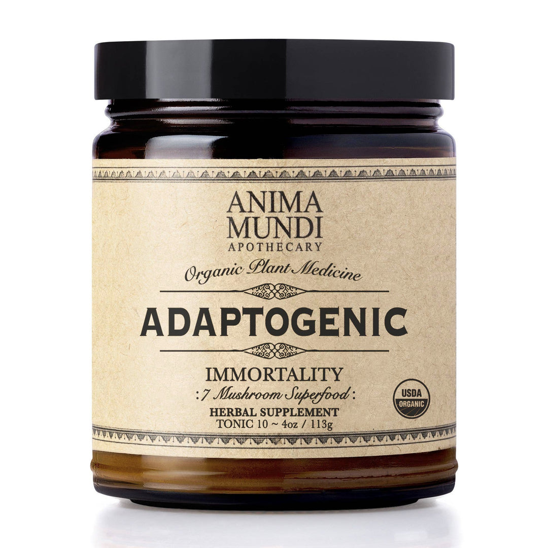 4 oz dark brown glass jar with a kraft branded label and black lettering. Brand: Anima Mundi Apothecary