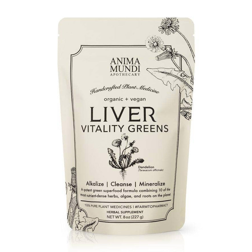 8 oz branded cream pouch with black lettering of liver vitality greens powder. Brand: Anima Mundi Apothecary